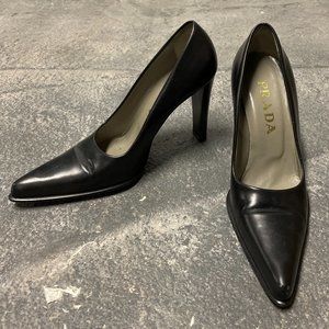 Prada black leather pointed toe pumps, size 36